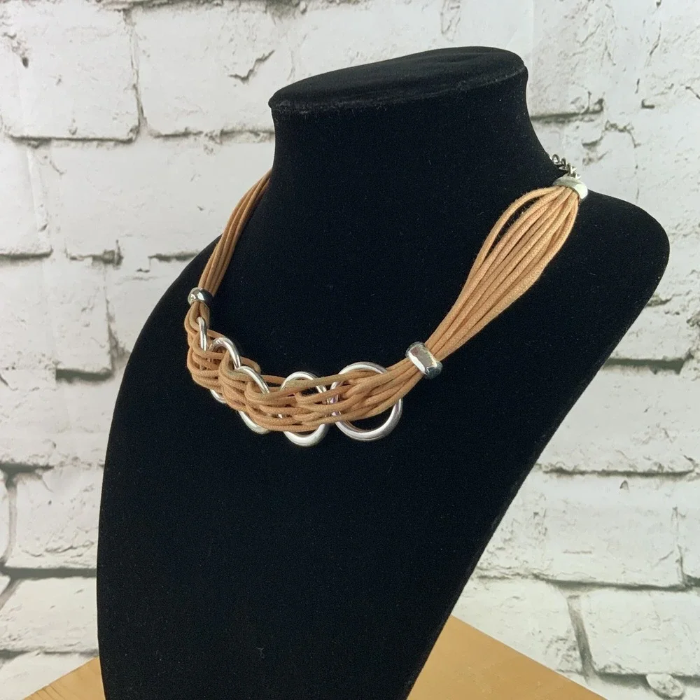 Chicos Threaded‎ Cord Choker Necklace Silver Toned Rings Boho Hippie Beige
